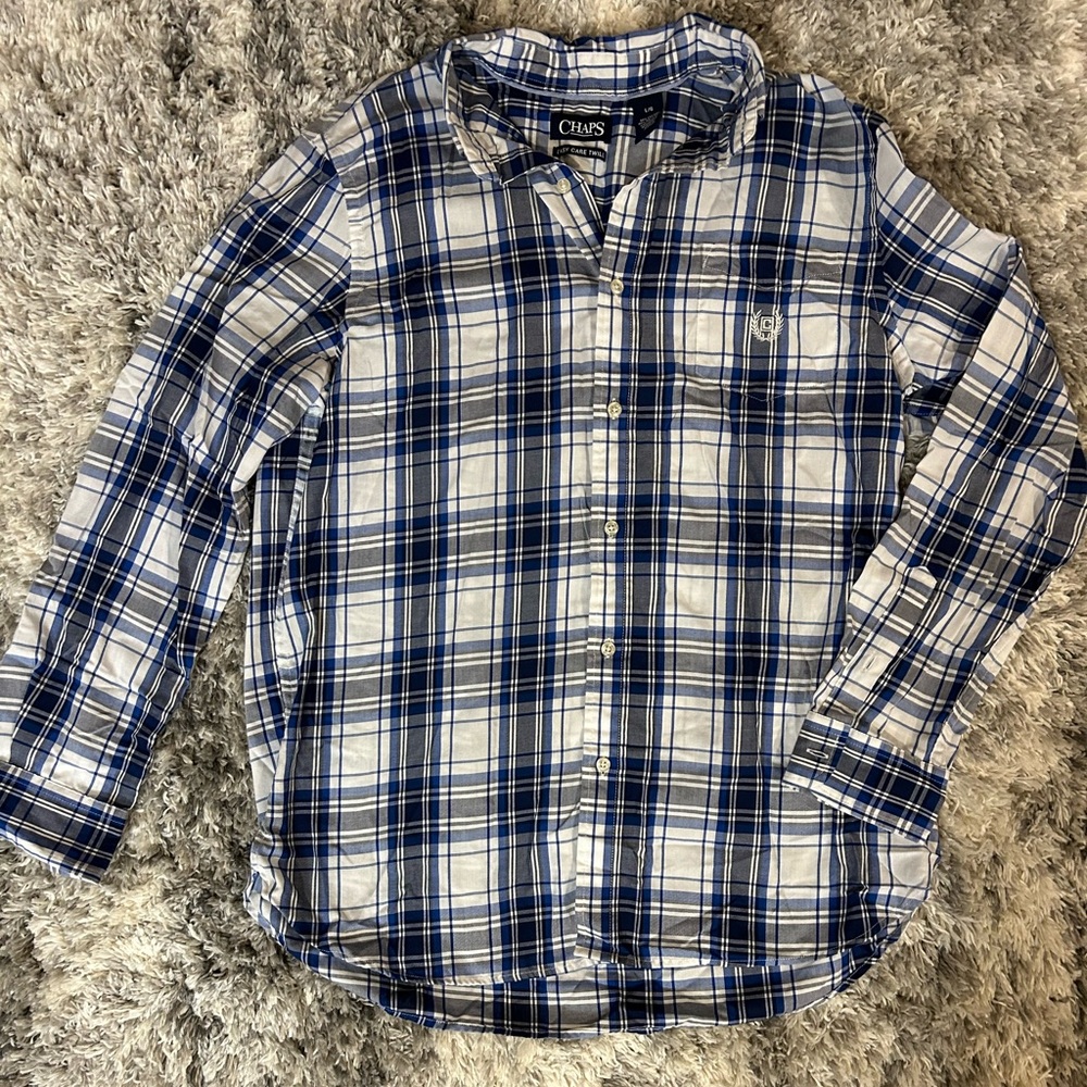 Men’s Chaps Large Blue and White Plaid Long Sleeve Button Down Dress Shirt